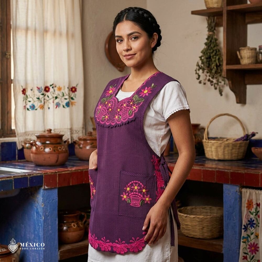 Mexican Embroidered Smock Apron – Floral Traditional Design